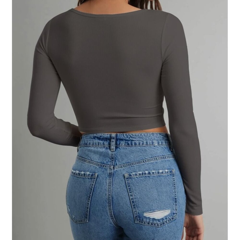 Women's Grey Long Sleeve Scoop Neck V Notch Slim Fitted Casual Basic Crop Top - Picture 2 of 5